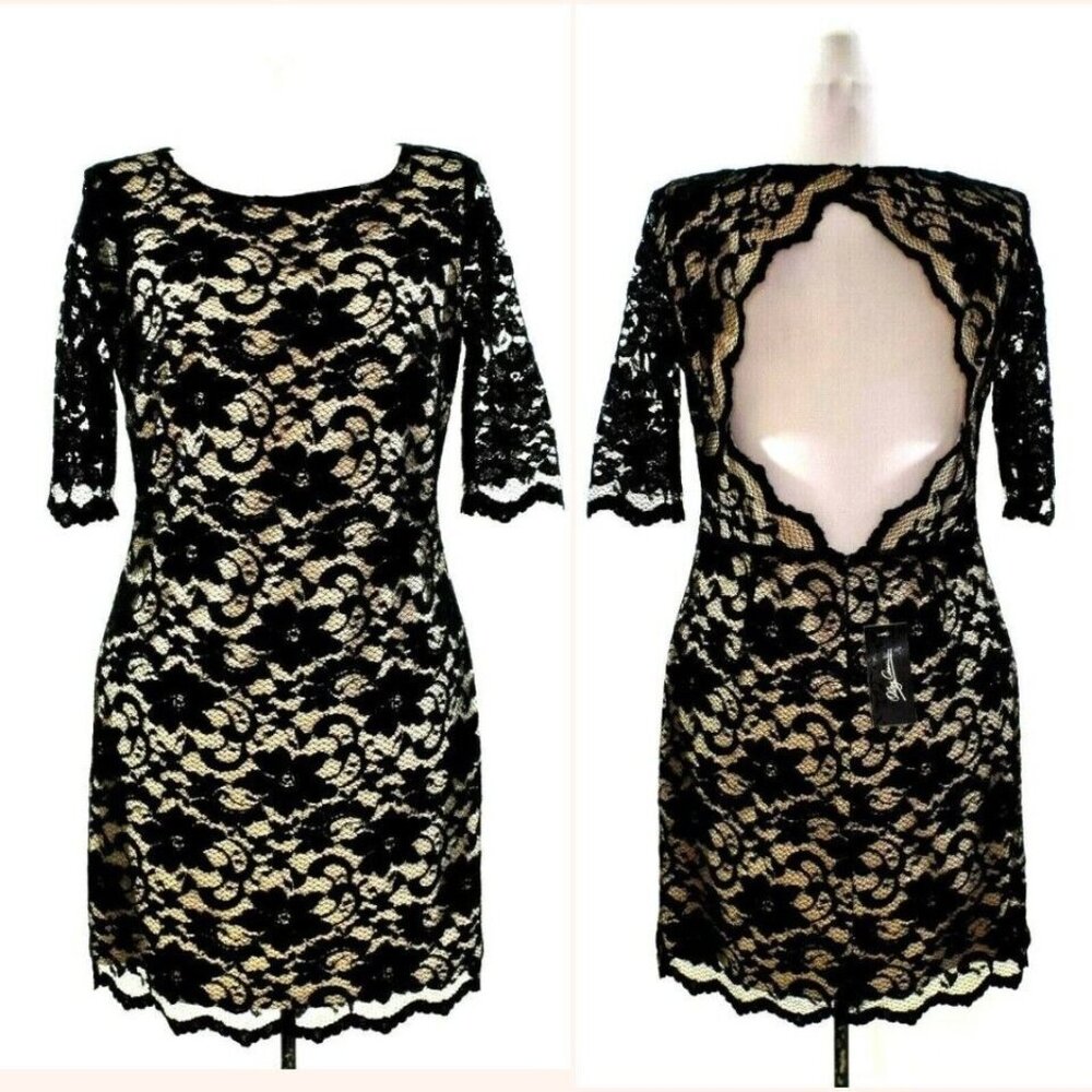 Oleg Cassini Black Lace Backless Sheath Dress Womens Size 2 Cocktail Party NWT